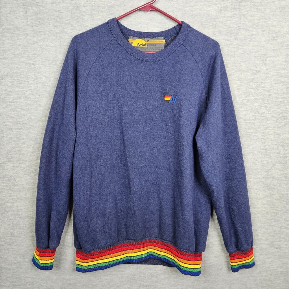 AVIATOR NATION Unisex Adult Rainbow Rib Pullover Navy Sweatshirt Sz M - Picture 1 of 7